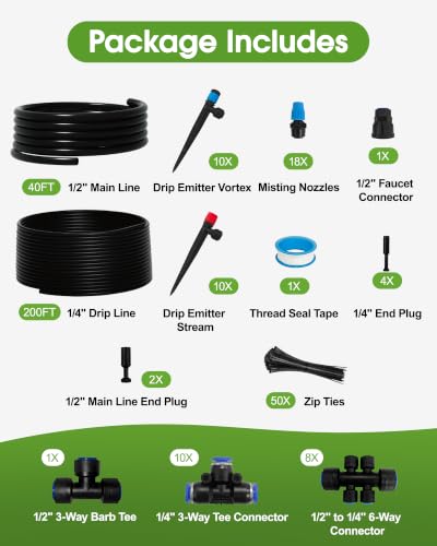 240FT Drip Irrigation System Kit, Quick-Connect Garden Watering System | 20FT 1/2" main, 200FT 1/4" drip line, vortex/stream/mist emitters, adj flow, for beds, greenhouse, lawn, patio - size: 240FT