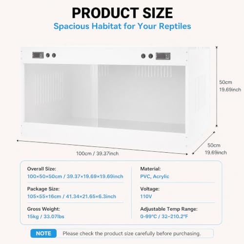 Reptile Tank PVC Enclosure with Dual-Zone Temp Control, White | Reptile Tank PVC Terrarium with Viewing Window, Ventilation Grilles, E27 Lamp Support, for Bearded Dragon Snake Turtle Gecko