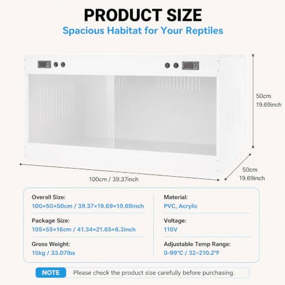 Reptile Tank PVC Enclosure with Dual-Zone Temp Control, White | Reptile Tank PVC Terrarium with Viewing Window, Ventilation Grilles, E27 Lamp Support, for Bearded Dragon Snake Turtle Gecko
