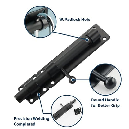 Alise 8inch Barrel Bolt Latch, Slide Bolt Latch, Heavy Duty Solid SUS304 Stainless Steel Slide Lock for Wooden Fence,Barn Door,Interior or Outdoor Door.Matte Black | SUS304 Stainless Steel Padlock-Style Slide Bolt Latch,Security Gate Latch for Wooden Fenc