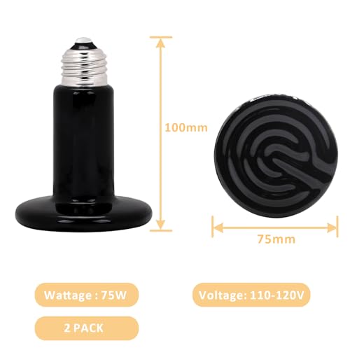 Aiicioo 75W Black Ceramic Heat Emitter 2Pack No Light Heat Bulb for Reptile Emitting Heat Lamp Bulb for Bearded Dragon Lizard Tortoise Turtle Snake Brooder Coop