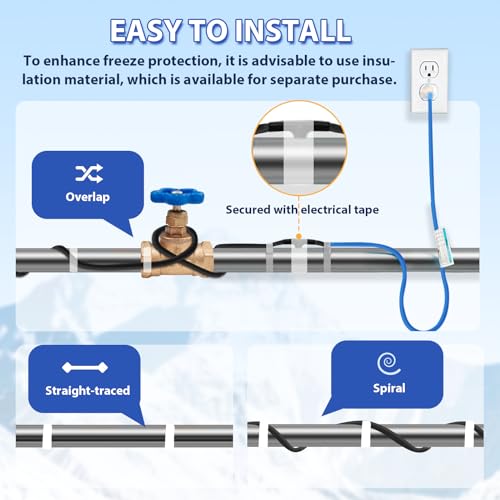 Self-Regulating Pipe Heat Cable, 5W/FT with Thermostat 3ft | Built-in thermostat automatically heats when needed to help keep water flowing in freezing temperatures. - style: 3-feet
