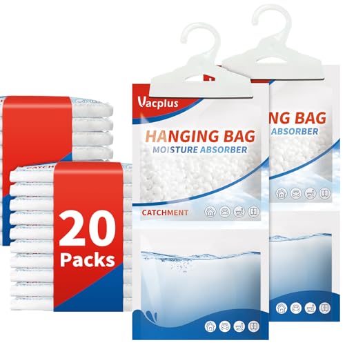 Vacplus Moisture Absorber, 20Pack Hanging, Strong Absorption, Unscented | Closet, Enclosed Spaces, Bathroom, Odor Eliminator, Dehumidifier Bags, 9.8 OZ - size: 20 pack