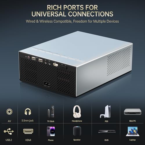 XIDU 1080P HD Portable Projector, Silver Metal Home Theater Projector | Ideal for bedroom, living room, compatible with HDMI USB, mobile phones and laptops