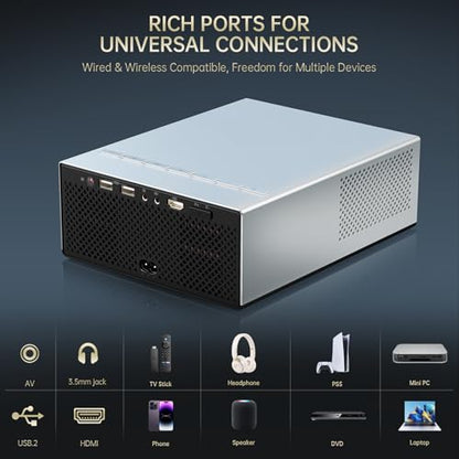 XIDU 1080P HD Portable Projector, Silver Metal Home Theater Projector | Ideal for bedroom, living room, compatible with HDMI USB, mobile phones and laptops