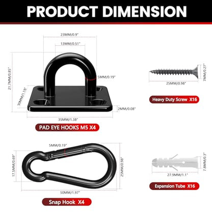 304 Stainless Steel Pad Eye Snap Hook, M5 Ceiling Hook 500Lb,8Pcs | Hanging Kit with Screws for Hammock Chair Swing, Yoga Gym Equipment, Sun Shade Sail, Plant Hangers & Marine Boat Hardware - size: 2 Inch, style: Black Square