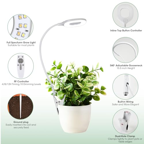 Full Spectrum Clip On LED Grow Lights for Indoor Plants | 4/8/12H Auto Timer, 3 Spectrum Modes, 10 Dimmable Levels, Adjustable Gooseneck, Remote Control, For Small Plants