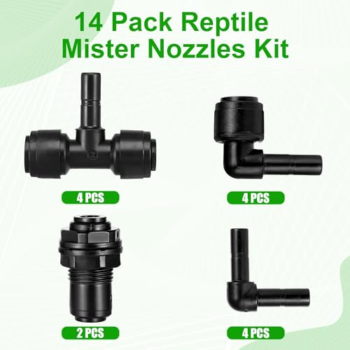 14 Pack 1/4" Reptile Mister System Fittings Irrigation Quick Connect, Push to Connect Reptile Mister Fittings,8 Elbows,4 Tees,and 2 Bulkhead,360 Degree Adjustable for Aquarium,Vivarium,Plants - size: 14 Pack Mister Fittings Kit