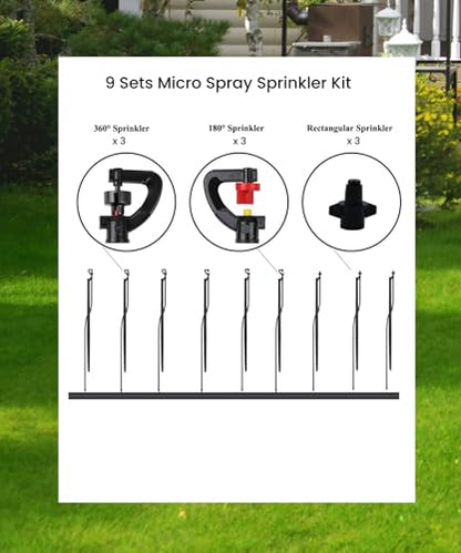 Drip Irrigation Micro Spray Emitters, 9 pcs | 180° 360° and Rectangular Sprinkler Nozzles, 3 pcs each nozzle type, 1/4-Inch Tubing, Barbed Inlet, 20-Inch High Stake - size: Mix 9 Sets Micro Spray Emitters