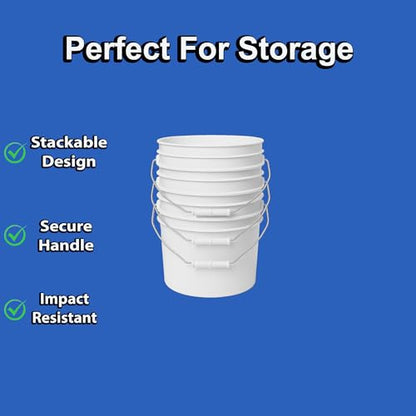 1-Gallon Bucket with Airtight Lid – Made in USA, Food Grade BPA Free Plastic, Heavy Duty Multi-Use, Metal Handle with Grip, Stackable Storage – White, 5 Pack - color: White, size: 5