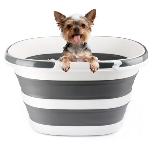 28L Large Collapsible Mop Bucket with Handle for Cleaning, Silicone Portable Pet Bathtub for Puppy Small Dogs Cats, Foldable Laundry Basket Hamper Clothes Storage Bin Space Saving Design for RV