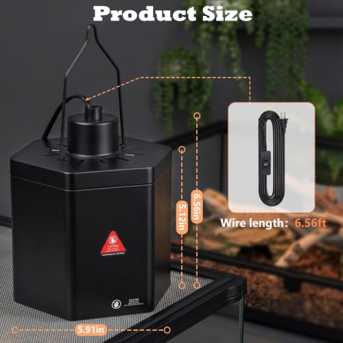 Yoobao 5.9" Reptile Heat Lamp Fixture, 100W Hexagonal Reflector with Hook | Hook or Flat Base.High Temp Warning Sticker. For Basking & Ceramic Bulbs,UVB/UVA.Bearded Dragon,Turtle,Snake Terrarium