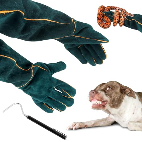 23.6inch Leather Animal Handling Gloves Bite Proof with 40inch Collapsible Snake Hook