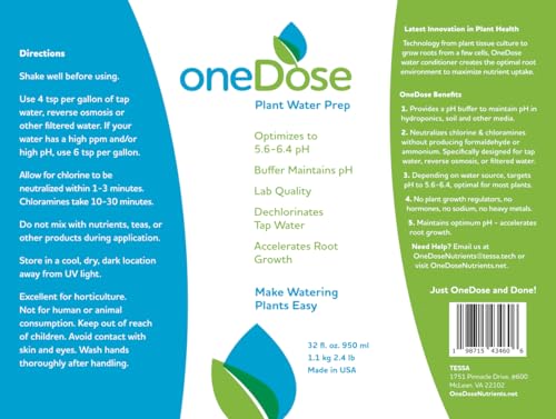 OneDose Tap Water Conditioner for Plants, Removes Chlorine and Chloramines, Stabilizes pH to 5.6-6.4, Makes Healthy Roots