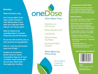 OneDose Tap Water Conditioner for Plants, Removes Chlorine and Chloramines, Stabilizes pH to 5.6-6.4, Makes Healthy Roots