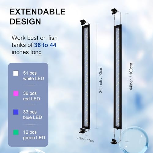 Led Aquarium Light, Full Spectrum Fish Tank Lights, 40 Gallon Freshwater Fishtank Hood Lighting for Grow Fish, Plants, Adjustable from 36 to 44 Inch - size: 36-44 IN