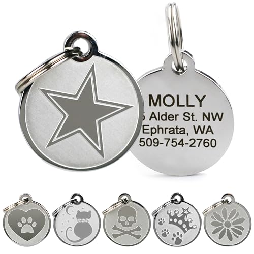 GoTags Playful, Custom Engraved Pet ID Tags, Solid Stainless Steel, Personalized Dog and Cat Pet ID with up to 4 Lines of Text, Cute, Durable and Long-Lasting - style: Star
