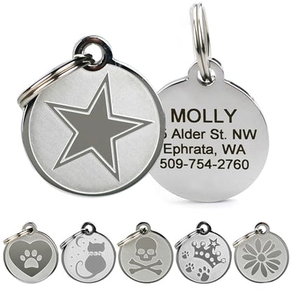 GoTags Playful, Custom Engraved Pet ID Tags, Solid Stainless Steel, Personalized Dog and Cat Pet ID with up to 4 Lines of Text, Cute, Durable and Long-Lasting - style: Star