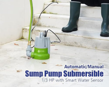 Green Expert 1/3HP Submersible Sump Pump with Water Sensor Switch, Low Water Last-Inch Drain Pump, 2000GPH Automatic/Manual Water Removal for Flooded Basement, Garage, Hot Tub Easy to Use Backup Pump