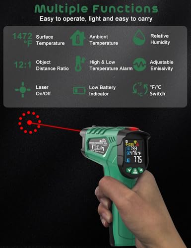 Infrared Thermometer Gun,SQECH Laser Thermometer Gun -58℉～1472℉(-50℃～800℃),Temperature Gun with Ambient Temperature&Humidity/Adjustable Emissivity/Color Backlight for Cooking, Oven,Engine,HVAC - color: Green(-58℉～1472℉)