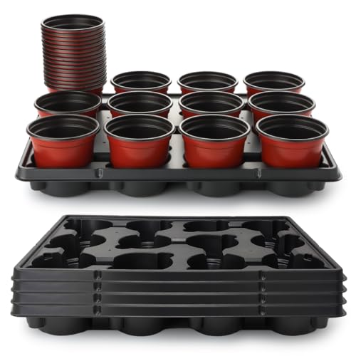 RooTrimmer 4 inch Round Nursery Pots 60pcs, 12 Cell Nursery Pots Trays 5 Pcs, Sturdy Seeds Starting Germination Shuttle Carrying Trays, Small Planter Nursery Propagation 5 Sets - color: Red + Black, size: 4 Inch 60 Pack Pots With 5 Pack Trays
