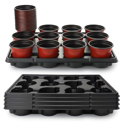 RooTrimmer 4 inch Round Nursery Pots 60pcs, 12 Cell Nursery Pots Trays 5 Pcs, Sturdy Seeds Starting Germination Shuttle Carrying Trays, Small Planter Nursery Propagation 5 Sets - color: Red + Black, size: 4 Inch 60 Pack Pots With 5 Pack Trays
