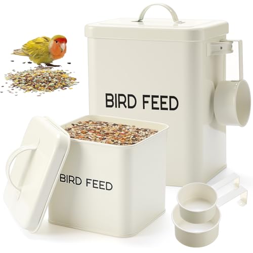 Reallnaive 2 Pcs Metal Bird Seed Container with Scoop,White | Bird Feed Storage Container with Fitted Lid, Farmhouse Style Ideal Gift for Birds and Pet Owners - color: White