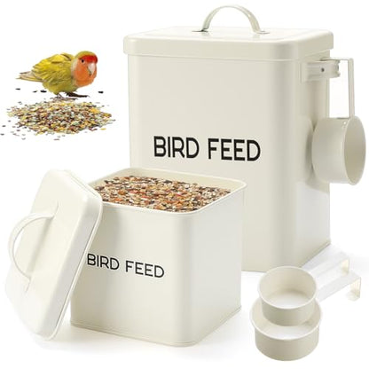 Reallnaive 2 Pcs Metal Bird Seed Container with Scoop,White | Bird Feed Storage Container with Fitted Lid, Farmhouse Style Ideal Gift for Birds and Pet Owners - color: White