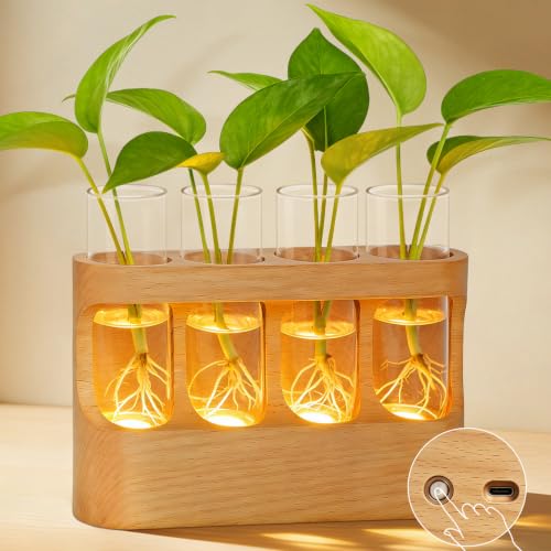 OUTON Rechargeable Plant Propagation Station with LED Light, Wooden Propagation Vase Set with Glass Tubes, Lighted Plant Terrarium for Indoor Plant Cuttings, Gift for Plant Lovers