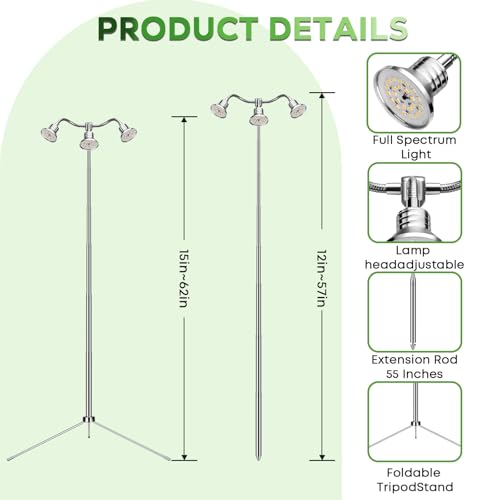 Full Spectrum Grow Lights for Indoor Plants 15-62 Inches Height Adjustable Aluminum Alloy Plant Growing Lamps with Detachable Tripod Stand, Auto On/Off Timer (Full Spectrum, Three Heads)