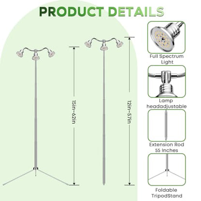 Full Spectrum Grow Lights for Indoor Plants 15-62 Inches Height Adjustable Aluminum Alloy Plant Growing Lamps with Detachable Tripod Stand, Auto On/Off Timer (Full Spectrum, Three Heads)