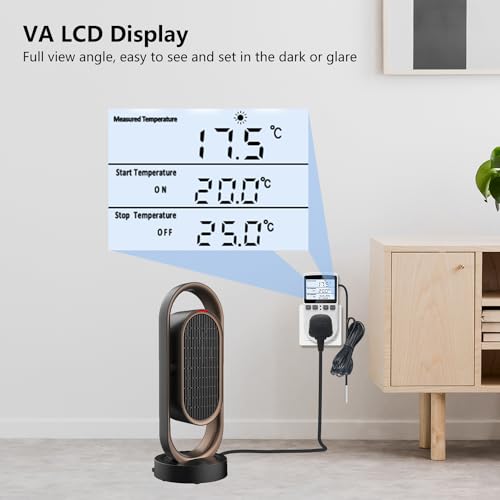 KT3100BL Digital Temperature Controller Outlet Socket Plug in Thermostat | HD LCD Display 15A 120V Output with Blue Backlight 3m Temperature Sensor - style: KT3100BL Blue backlight