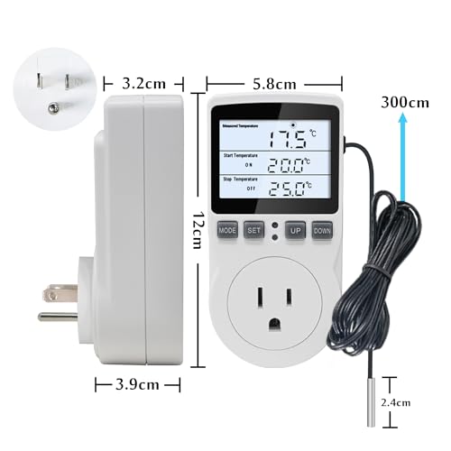 KT3100BL Digital Temperature Controller Outlet Socket Plug in Thermostat | HD LCD Display 15A 120V Output with Blue Backlight 3m Temperature Sensor - style: KT3100BL Blue backlight