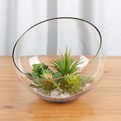 WGV Slant Cut Bowl Glass Vase, Width 11", Height 9.5", Clear Terrarium, Candy Dish, Fruit Jar, Floral Container for Wedding Party Event, Home Office Decor, 1 Piece - size: Slant Bowl 9.5"H