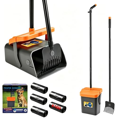 Pooper Scooper, 46" Long Handle Heavy Duty Picker-Upper, Swivel Bin Rake Kit with Bag Attachment, 100 Waste Bags for Small Large Dogs Puppy Poop Trash Litter Cleanup Yard Outdoor Pet Essentials - color: Gray & Bright Orange