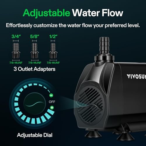 VIVOSUN 1050GPH Submersible Fountain Water Pump for Aquarium, Hydroponics | 4000L/H 100W Aquarium Pump, Quiet Pump With 13.1 ft Head Lift, 6.6 ft Power Cord, 3 Nozzles, Tubing, & 2 Clamps - size: 8"×6"-1050