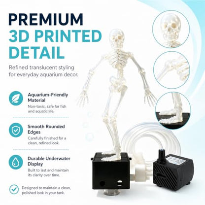 Dancing Skeleton Aquarium Bubbler with Quiet Air Pump, Complete Fish Tank Bubbler Decorations Kit, Adjustable 3D Printed Skeleton Fish Decor for Family-Use，Without Pump