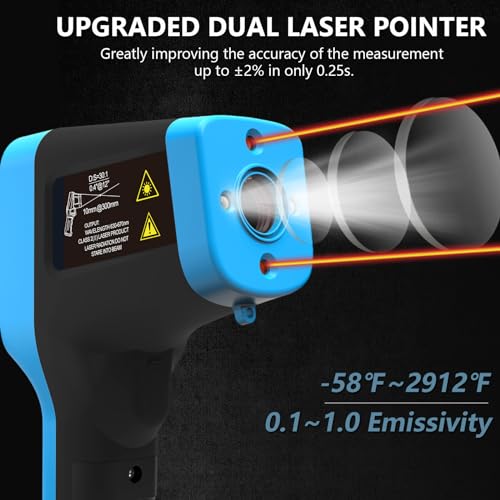 HOLDPEAK Pyrometer D:S=30:1 with Bluetooth, High Temp Infrared Thermometer -58℉~2912℉, Non-Contact Industrial Digital IR Laser Thermometer Gun with Waterproof Touch Button (NOT for Human)