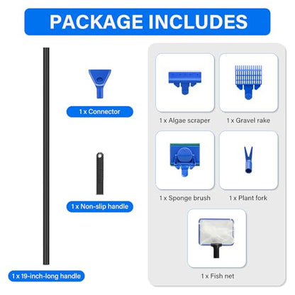 5 in 1 Fish Tank Cleaner Kit Aquarium Cleaning Tools with 19 Inch Anti-Slip Handle Fish Tank Cleaner with Algae Scraper and Fish Net - size: Length 19inch