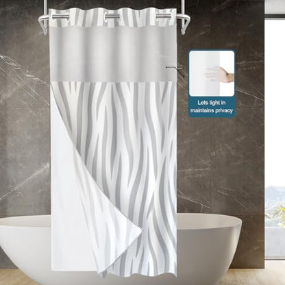 Graytiger Skin Print No Hooks Shower Curtain with Snap in Liner Set, Abstract Zebra Pattern Tub Curtainn Mesh Top Window & Magnetic Hem Waterproof 35.5X74 Inch - color: Graytiger Skin 1 Gray03, size: 35.4"W x 74"L (Pack of 1)