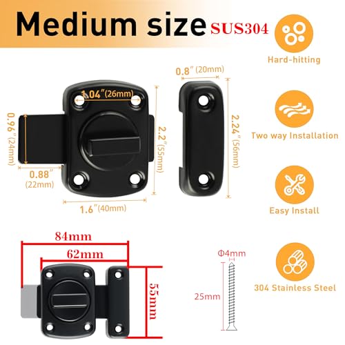Alise Slide Bolt Latches,Medium Size Double Sided Rotate Lock for Cabinet | Rotary Switch Lock,Black Heavy-Duty Gate Latch For Storage Box,Shed Door, Pet House,Wardrobe 63mmx55mm - color: Black, size: Medium Size（SUS304 SS）