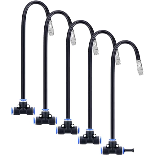 5Packs Brass Misting Nozzles Tee with 20inch Built in Hose 360° Rotation | Adjustable Water Mister Nozzles Thread Sprayer for Outdoor Cooling System 0.043" (1.1 mm) - size: 1 Way - 20inch Hose