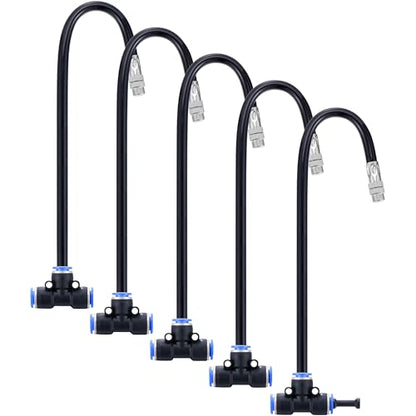 5Packs Brass Misting Nozzles Tee with 20inch Built in Hose 360° Rotation | Adjustable Water Mister Nozzles Thread Sprayer for Outdoor Cooling System 0.043" (1.1 mm) - size: 1 Way - 20inch Hose