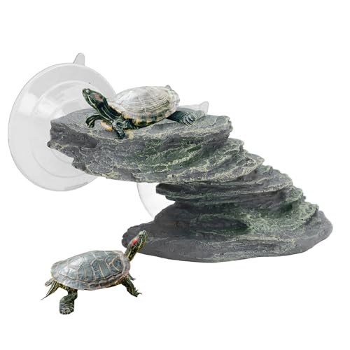 Turtle Basking Platform with Suction Cup, Tank Resin Climbing Ramp Rock | Aquarium Resting Terrace for Baby Tortoise, Terrapin, Lizard, Frogs, Newts, Reptile Stone Dock Ornament