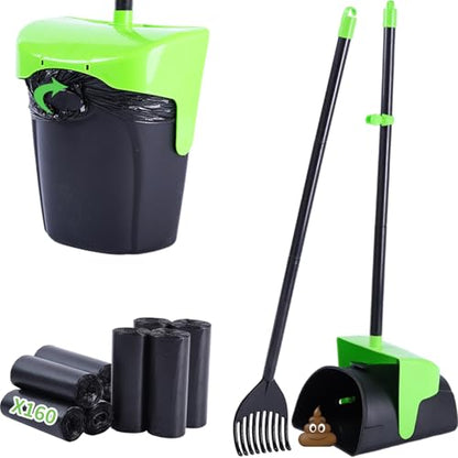 ienjoyed Pooper Scooper Large Swivel Bin & Rake with 160 Waste Bags,Heavy Duty Dog Pooper Scooper with Bag Attachment for Dogs, Long Handle Poop Scooper with Lid for Yard, Grass, Gravel(Green) - color: Green1