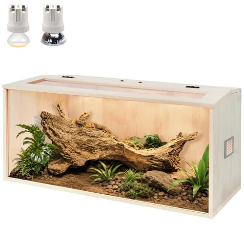 Bearded Dragon Tank,Wooden Reptile Tank and Lizard Tank,Tempered Glass Large Bearded Dragon Enclosure with Built-in Lamp Fixture (32X16X16inch,34 Gallons) - color: Wooden Roof, size: 32X16X16inch,34 Gallons
