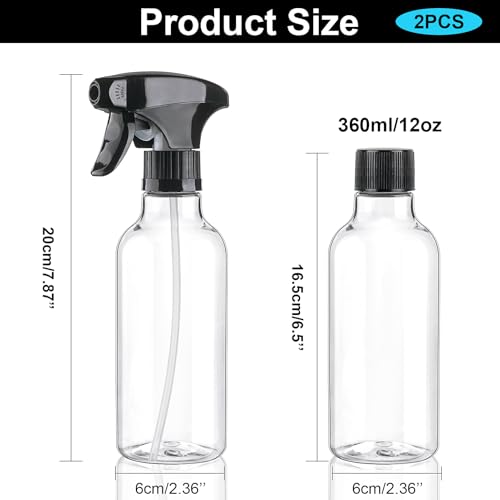 12oz/360ml 2 Pack Plastic Spray Bottles, Clear | Empty Spray Bottles for Cleaning, Continuous Misting, For Hair, Essential Oils, Toners, Rose Water, Cosmetics