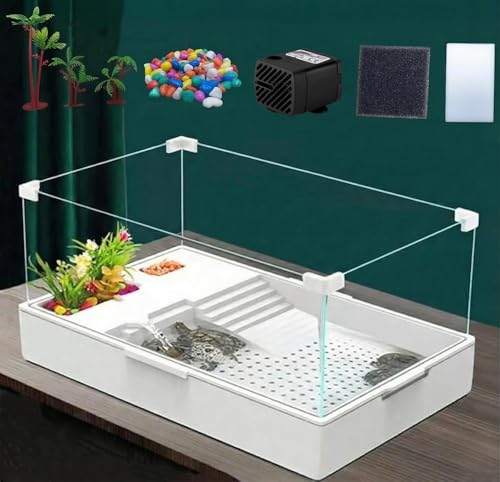 Medium Turtle Tank with Water Pump | Clear Acrylic Aquarium Habitat with Basking Platform, Easy-Clean Design for Baby Turtles and Small Reptiles - size: Medium Tank + Pump