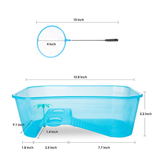 Small Turtle Tank with Multi-Function Areas | Easy Assembly, Ideal for Small Turtles & Reptiles, Includes Plastic Tree, Includes Fishing Net - color: Blue