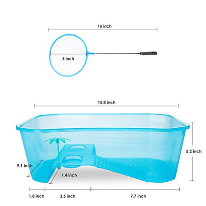 Small Turtle Tank with Multi-Function Areas | Easy Assembly, Ideal for Small Turtles & Reptiles, Includes Plastic Tree, Includes Fishing Net - color: Blue